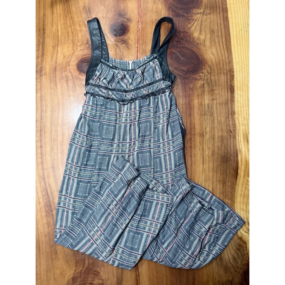 Free People Marley Plaid Jumpsuit M Viscose Wide leg Faux Leather Smocked D3-23